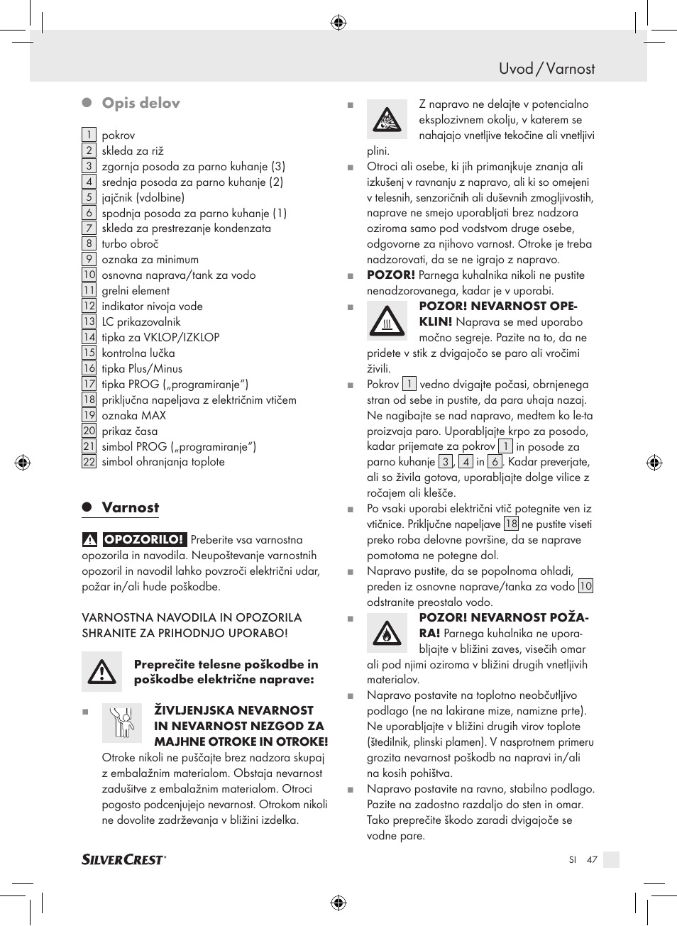 Uvod / varnost, Opis delov, Varnost | Silvercrest SDG 800 A1 User Manual | Page 45 / 83