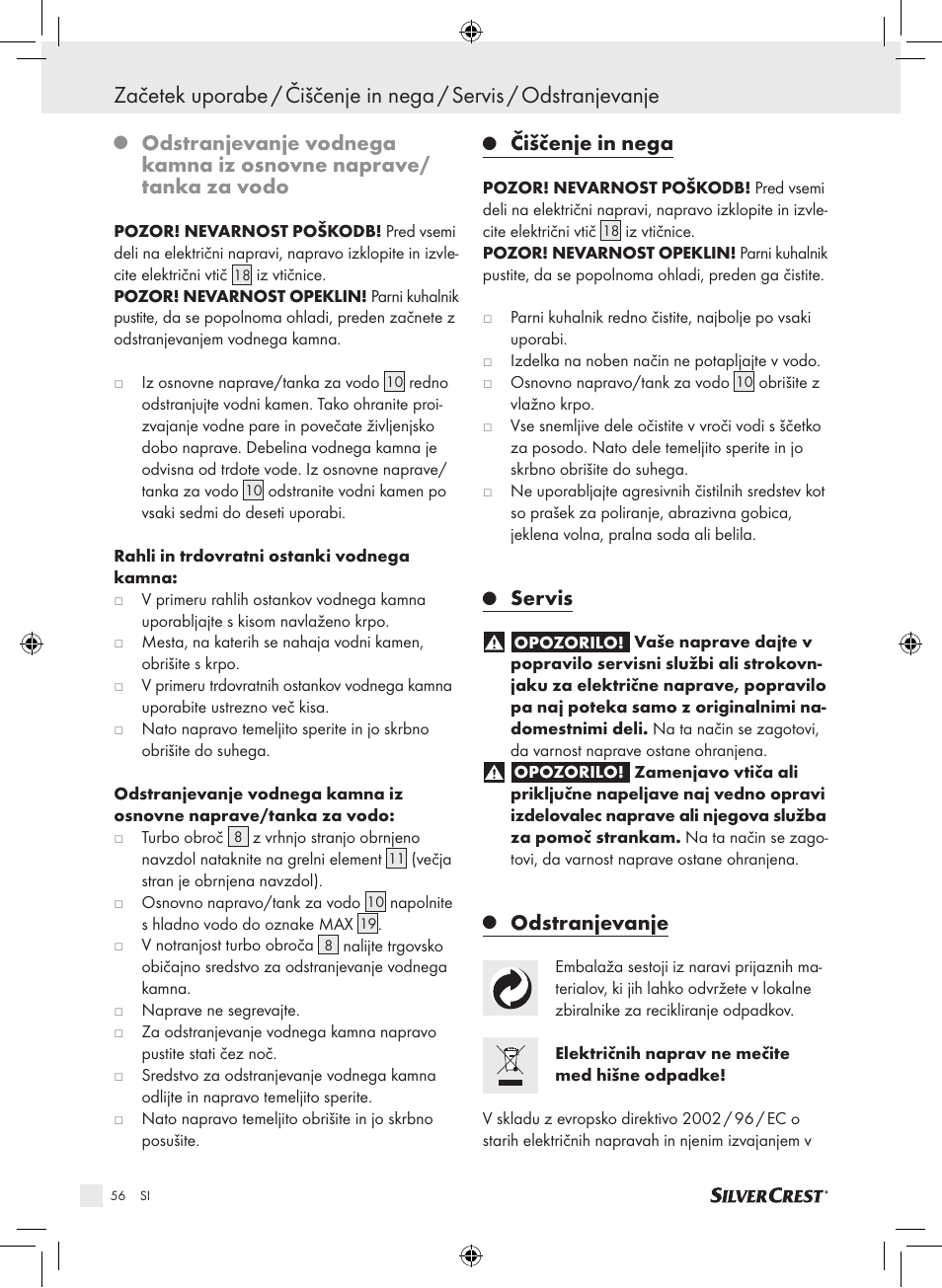 Čiščenje in nega, Servis, Odstranjevanje | Silvercrest SDG 800 A1 User Manual | Page 54 / 83