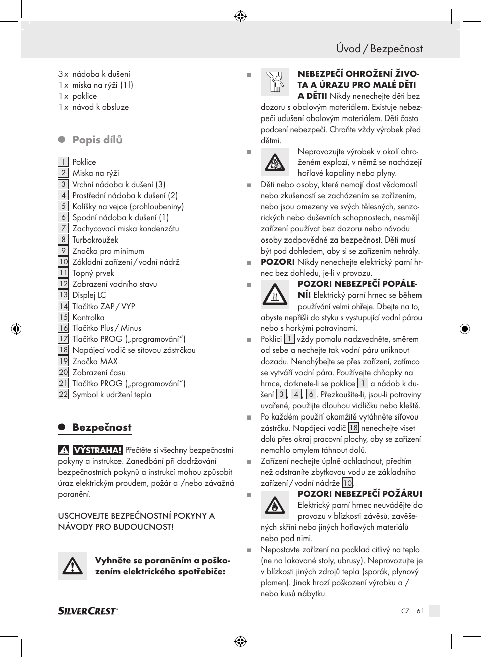 Úvod / bezpečnost, Popis dílů, Bezpečnost | Silvercrest SDG 800 A1 User Manual | Page 59 / 83