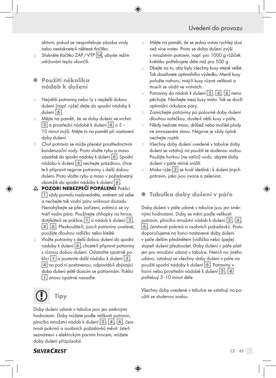 Uvedení do provozu, Použití několika nádob k dušení, Tipy | Tabulka doby dušení v páře | Silvercrest SDG 800 A1 User Manual | Page 63 / 83