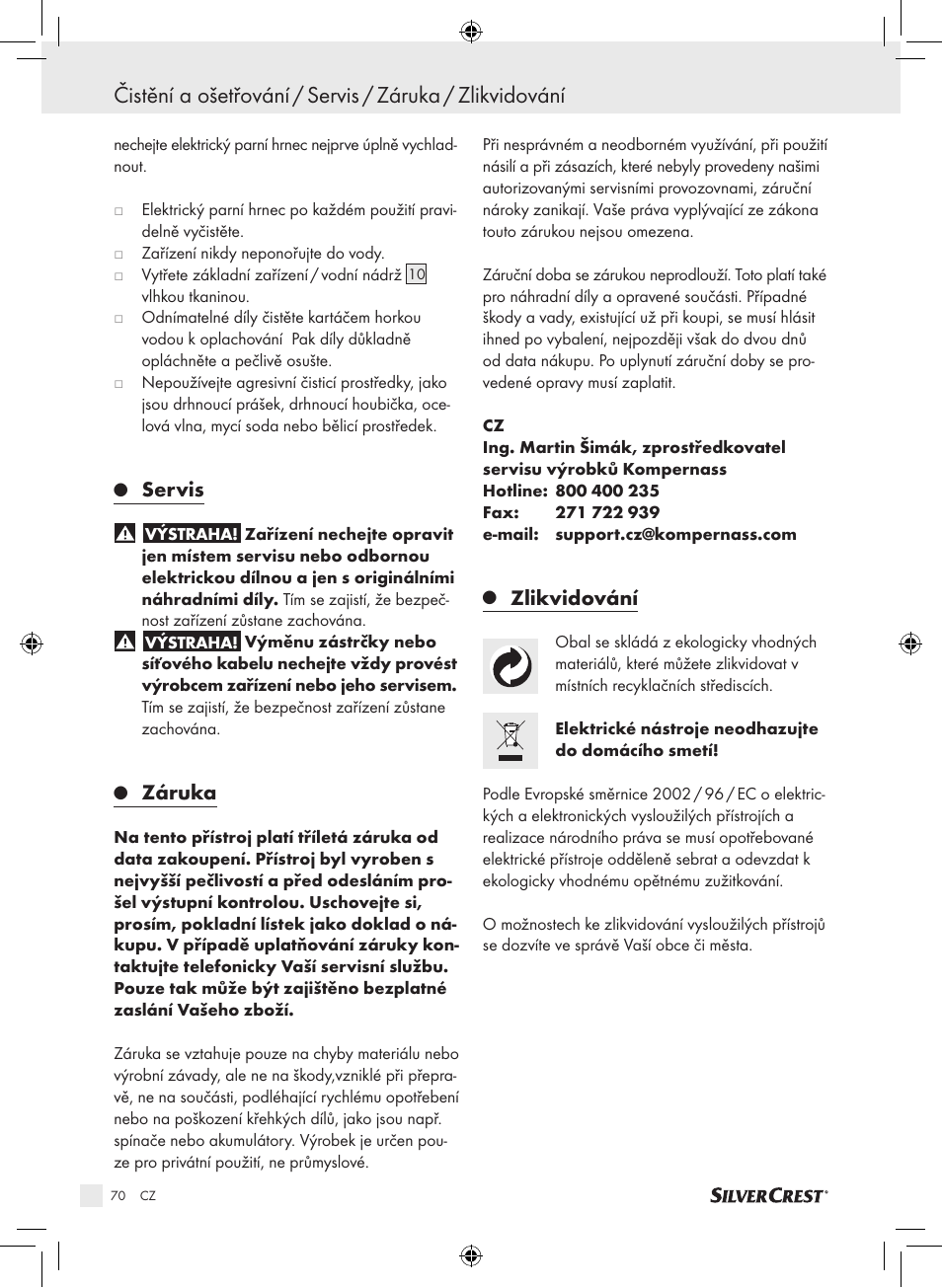 Servis, Záruka, Zlikvidování | Silvercrest SDG 800 A1 User Manual | Page 68 / 83