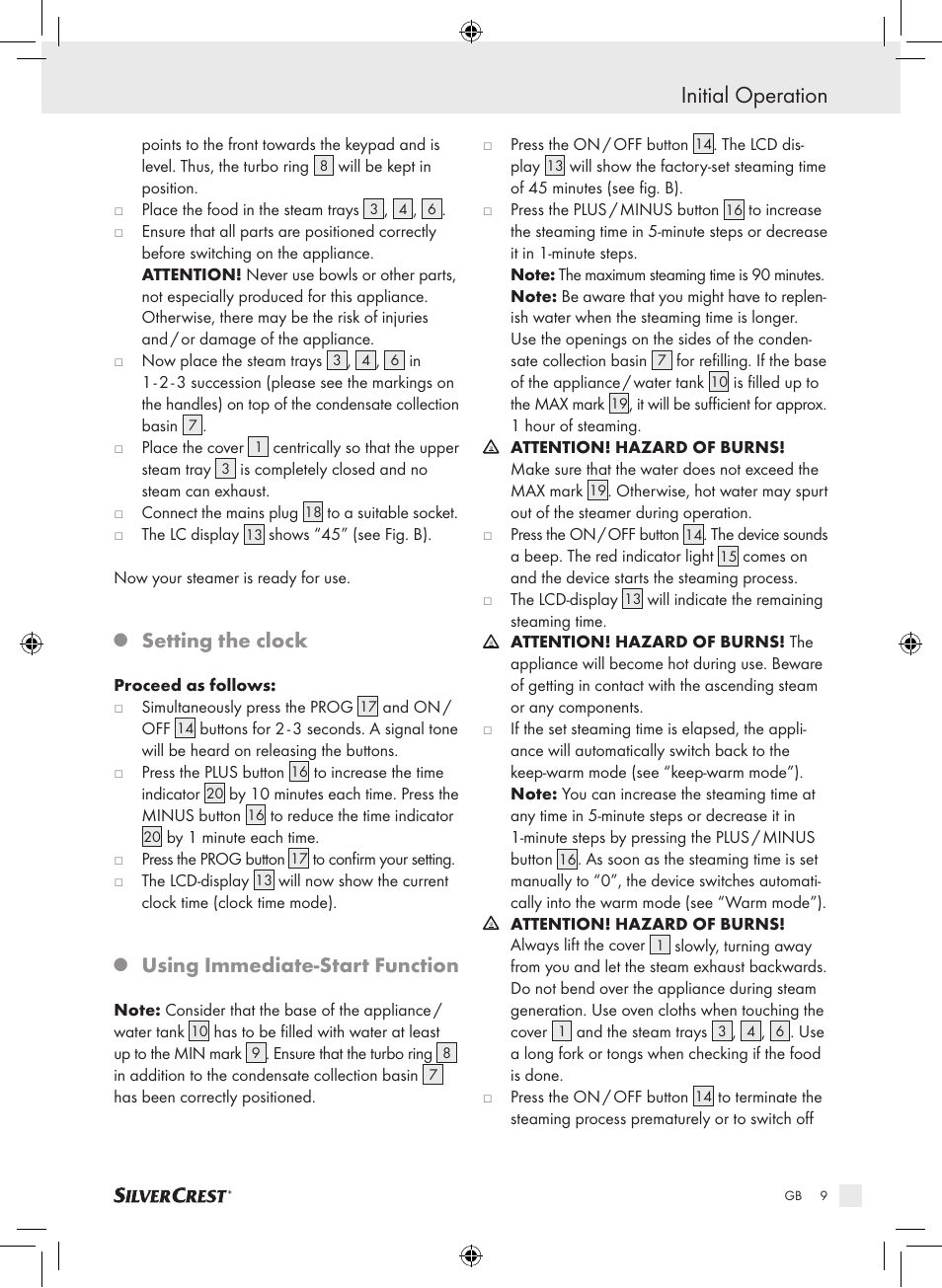 Initial operation, Setting the clock, Using immediate-start function | Silvercrest SDG 800 A1 User Manual | Page 7 / 83