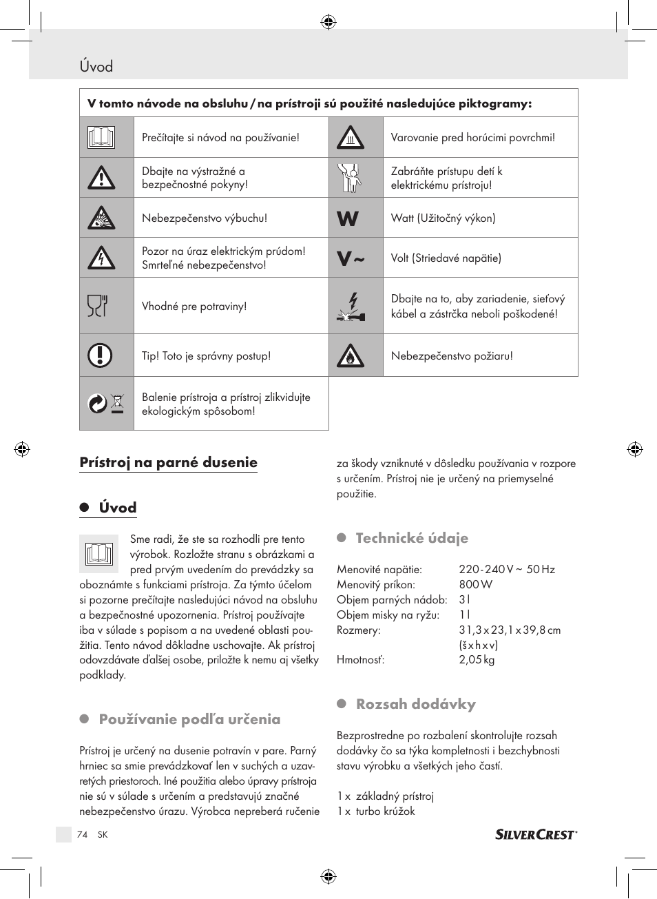 Úvod, Prístroj na parné dusenie, Používanie podľa určenia | Technické údaje, Rozsah dodávky | Silvercrest SDG 800 A1 User Manual | Page 72 / 83