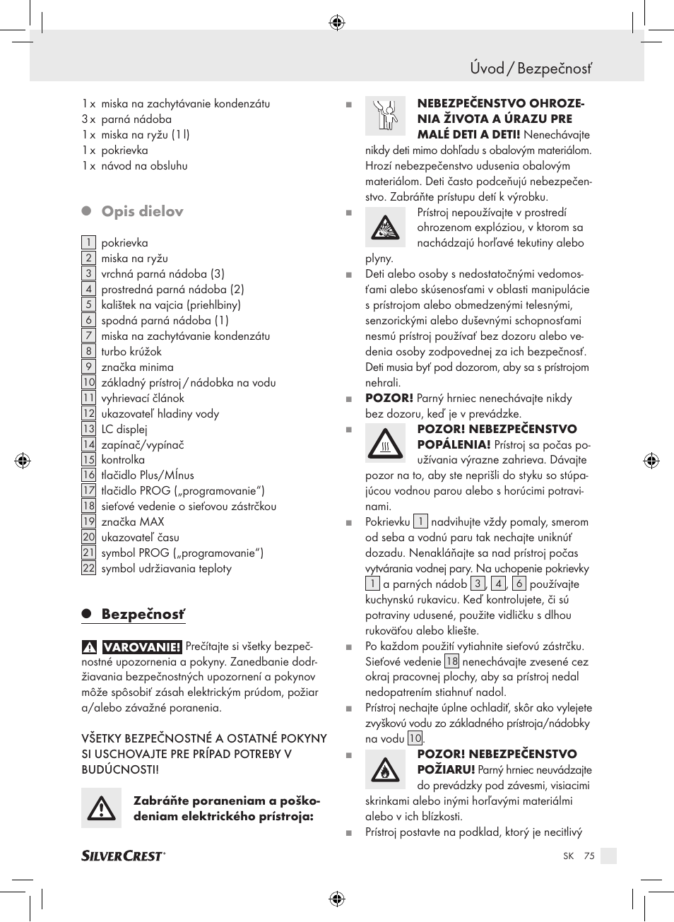 Úvod / bezpečnosť, Opis dielov, Bezpečnosť | Silvercrest SDG 800 A1 User Manual | Page 73 / 83