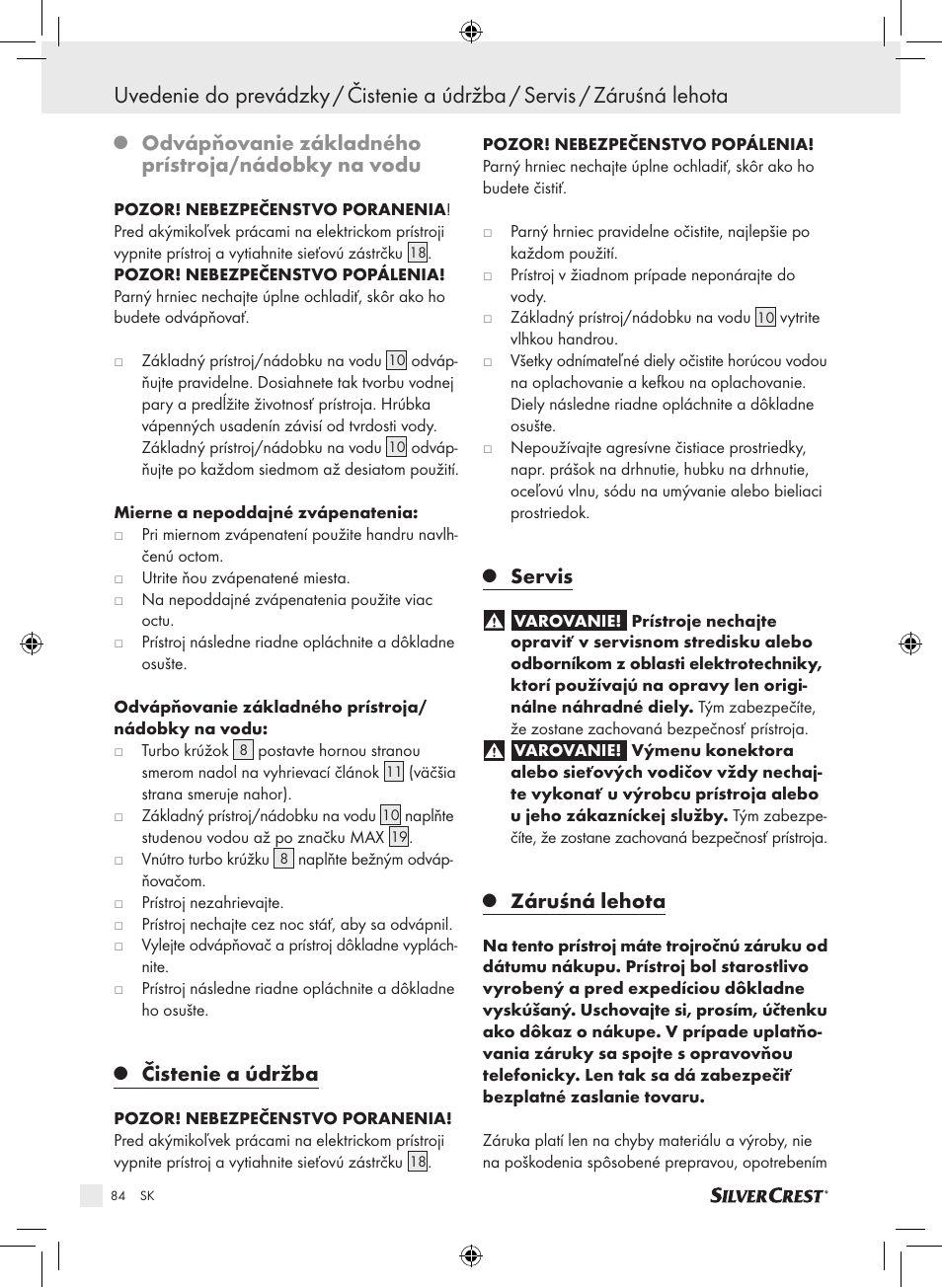 Odvápňovanie základného prístroja/nádobky na vodu, Čistenie a údržba, Servis | Záruśná lehota | Silvercrest SDG 800 A1 User Manual | Page 82 / 83