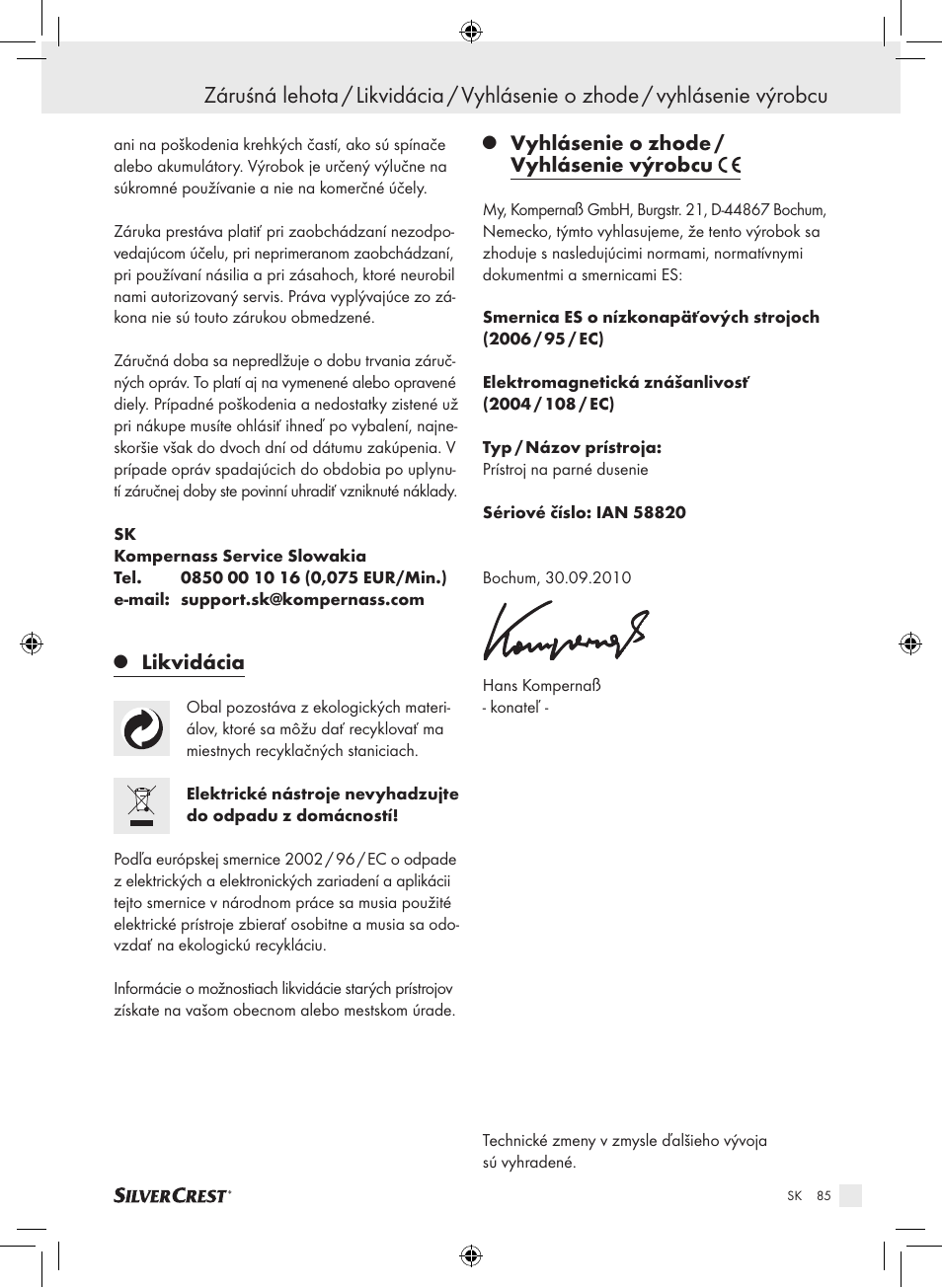 Likvidácia, Vyhlásenie o zhode / vyhlásenie výrobcu | Silvercrest SDG 800 A1 User Manual | Page 83 / 83