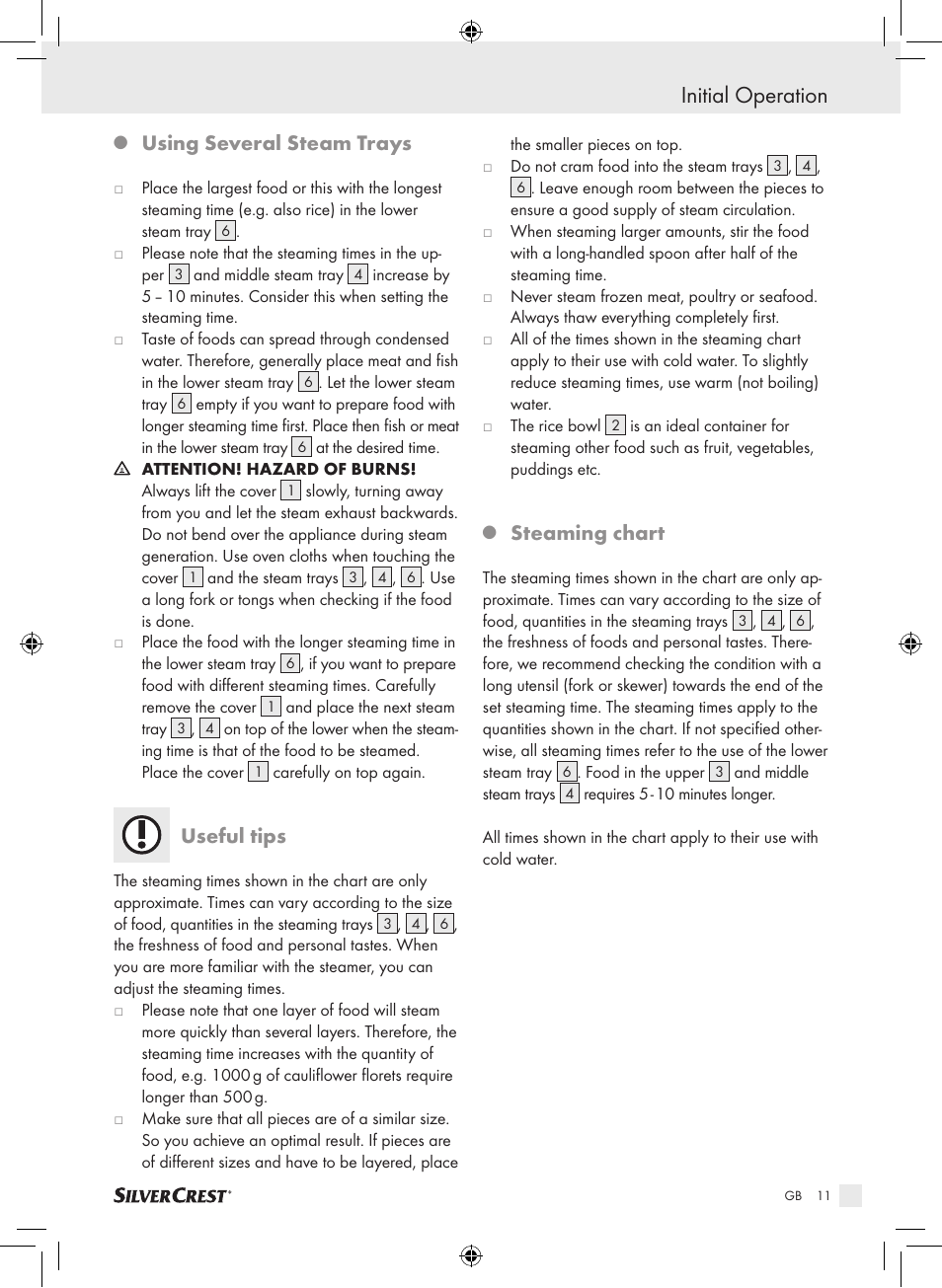 Initial operation, Using several steam trays, Useful tips | Steaming chart | Silvercrest SDG 800 A1 User Manual | Page 9 / 83