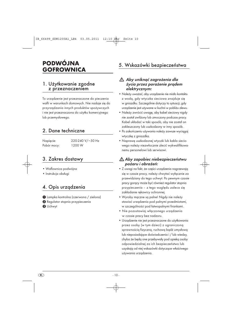 Podwójna gofrownica, Użytkowanie zgodne z przeznaczeniem, Dane techniczne | Zakres dostawy, Opis urządzenia, Wskazówki bezpieczeństwa | Silvercrest SDW 1200 A1 User Manual | Page 12 / 58