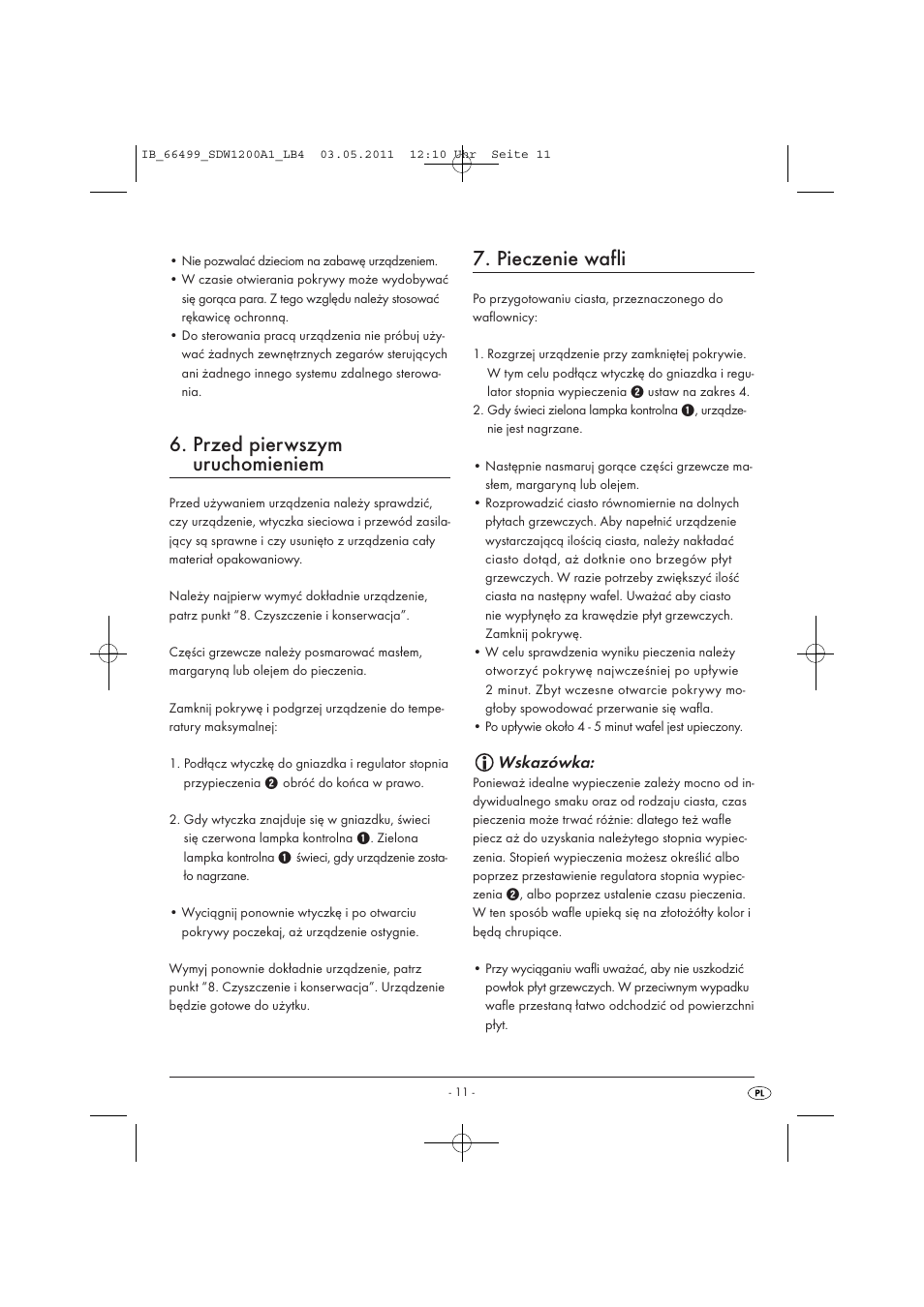 Przed pierwszym uruchomieniem, Pieczenie wafli, Wskazówka | Silvercrest SDW 1200 A1 User Manual | Page 13 / 58