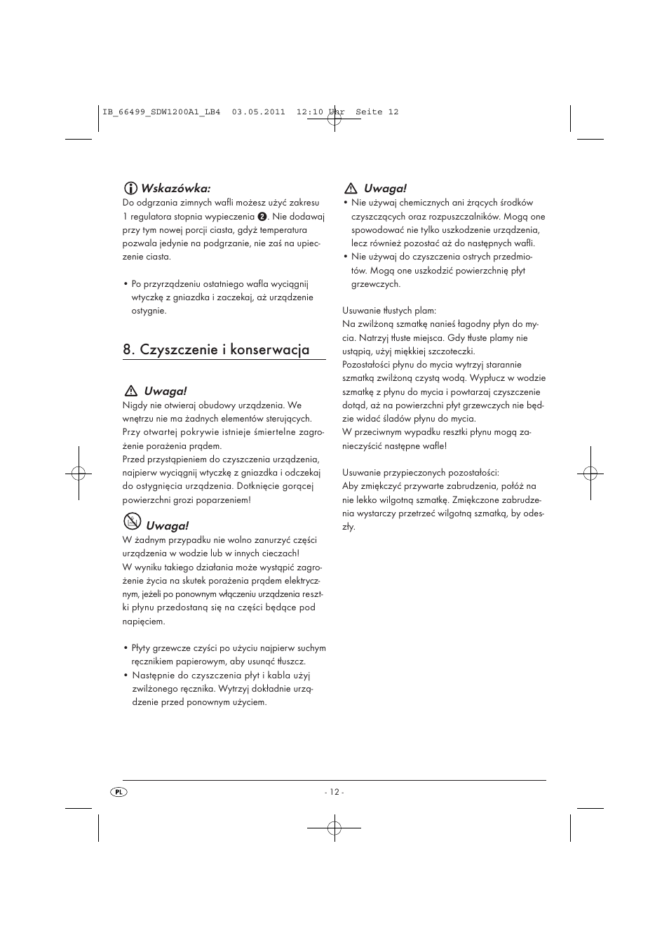 Czyszczenie i konserwacja, Wskazówka, Uwaga | Silvercrest SDW 1200 A1 User Manual | Page 14 / 58