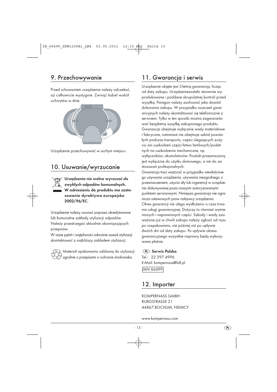 Przechowywanie, Usuwanie/wyrzucanie, Gwarancja i serwis | Importer | Silvercrest SDW 1200 A1 User Manual | Page 15 / 58