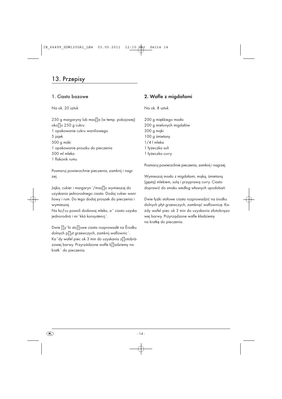 Przepisy, Ciasto bazowe, Wafle z migdałami | Silvercrest SDW 1200 A1 User Manual | Page 16 / 58