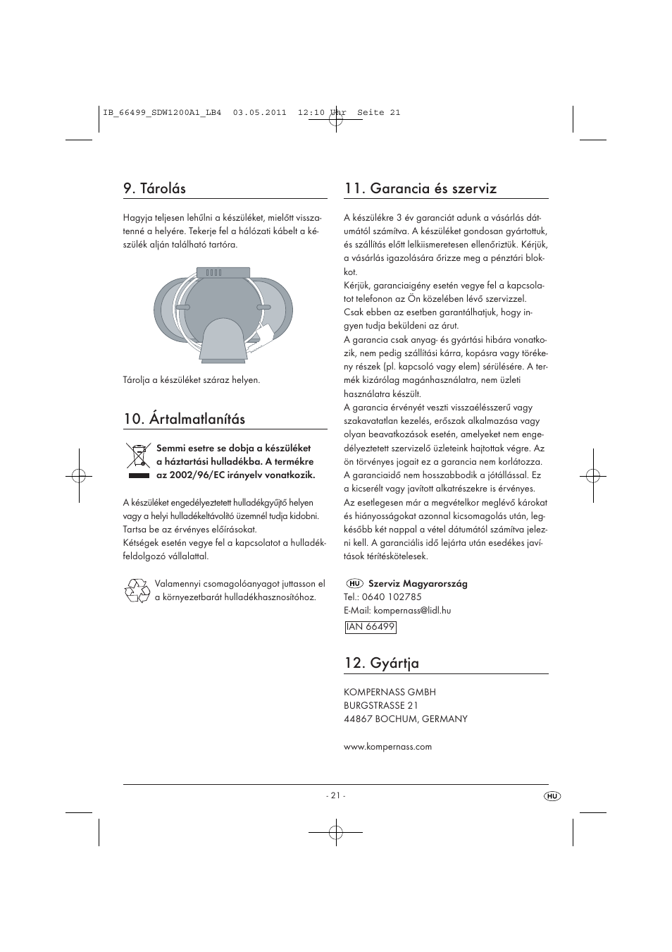 Tárolás, Ártalmatlanítás, Garancia és szerviz | Gyártja | Silvercrest SDW 1200 A1 User Manual | Page 23 / 58