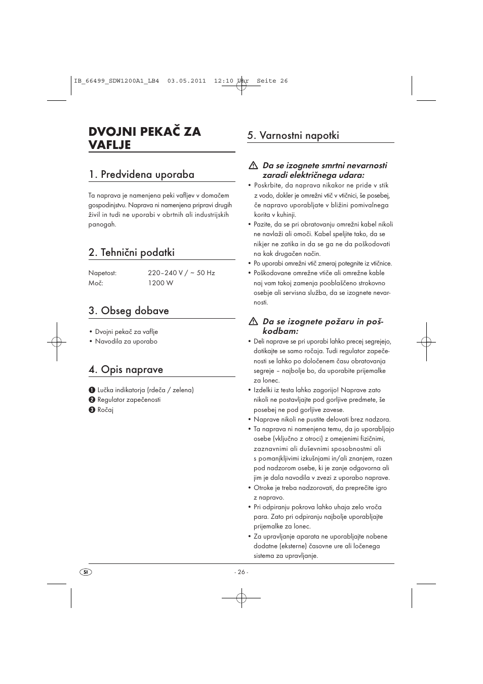 Dvojni pekač za vaflje, Predvidena uporaba, Tehnični podatki | Obseg dobave, Opis naprave, Varnostni napotki | Silvercrest SDW 1200 A1 User Manual | Page 28 / 58
