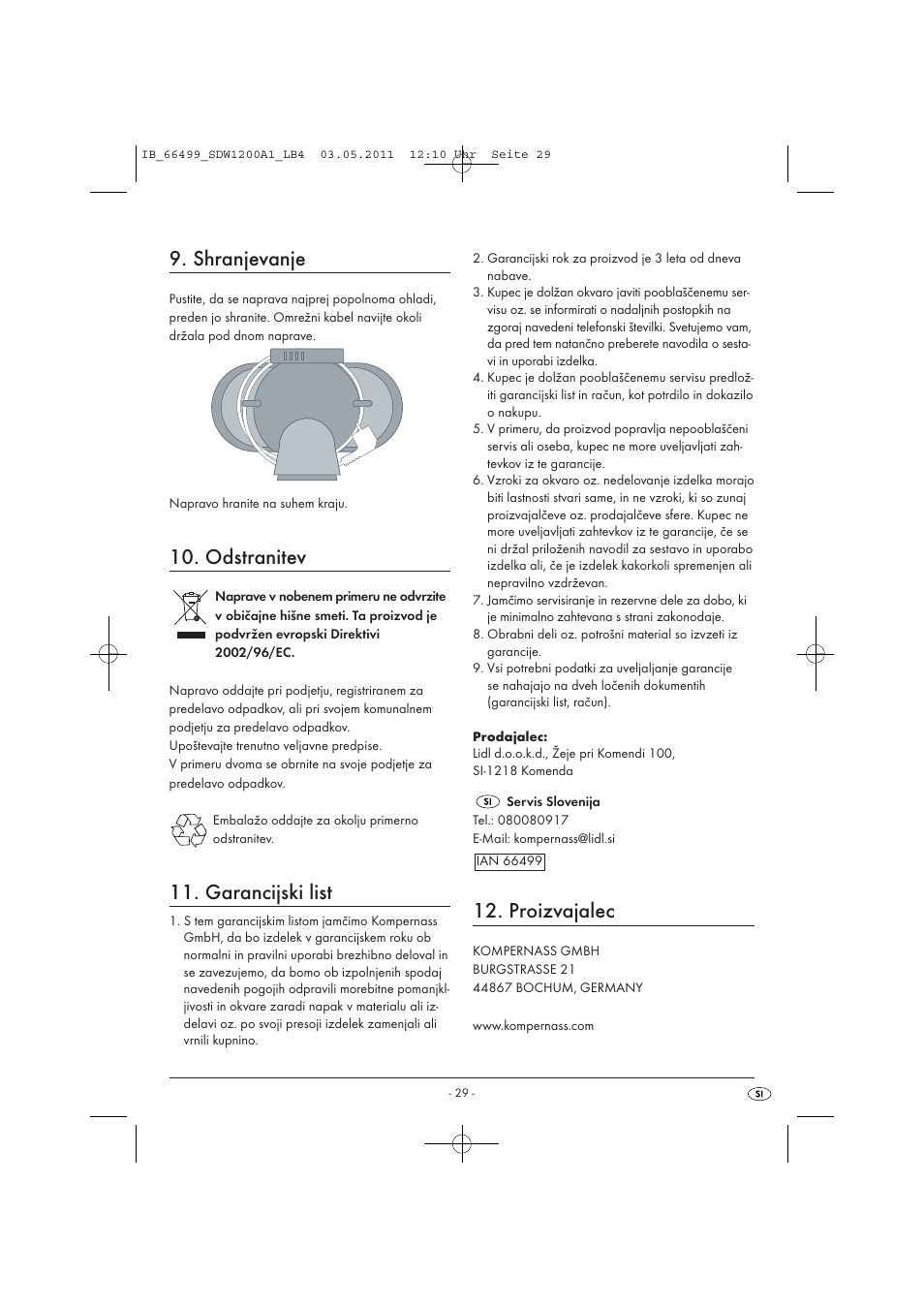Shranjevanje, Odstranitev, Garancijski list | Proizvajalec | Silvercrest SDW 1200 A1 User Manual | Page 31 / 58