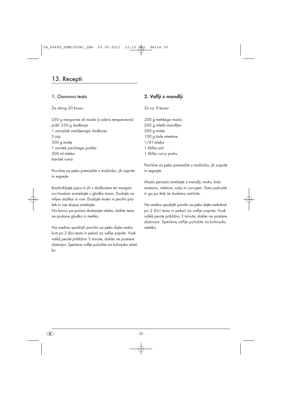 Recepti, Osnovno testo, Vaflji z mandlji | Silvercrest SDW 1200 A1 User Manual | Page 32 / 58