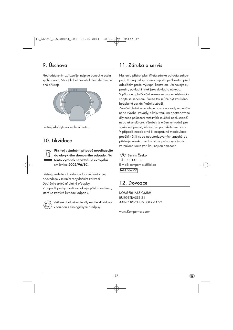 Úschova, Likvidace, Záruka a servis | Dovozce | Silvercrest SDW 1200 A1 User Manual | Page 39 / 58