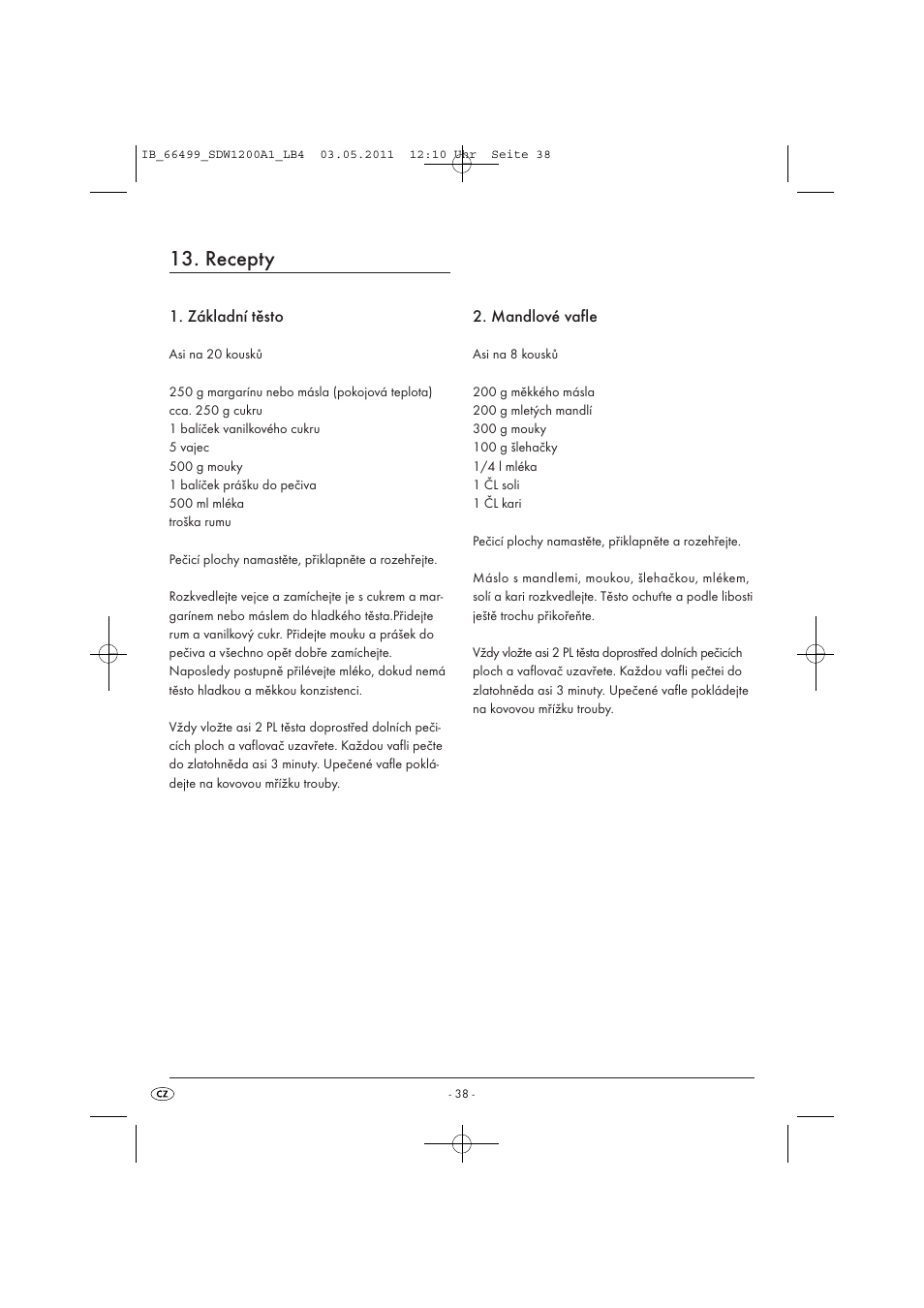 Recepty, Základní těsto, Mandlové vafle | Silvercrest SDW 1200 A1 User Manual | Page 40 / 58