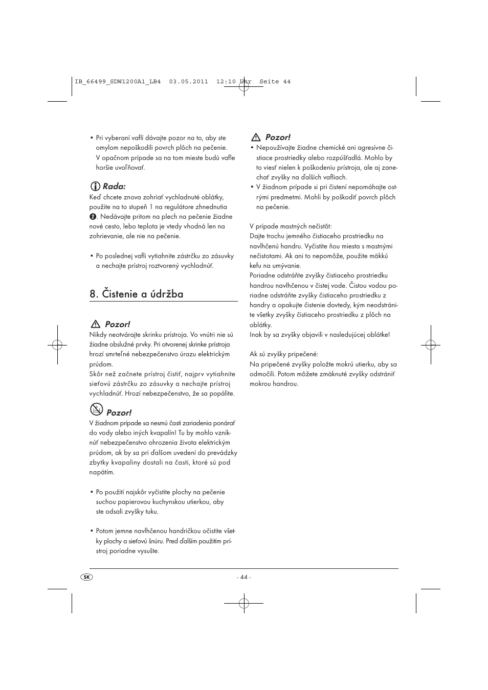 Čistenie a údržba, Rada, Pozor | Silvercrest SDW 1200 A1 User Manual | Page 46 / 58