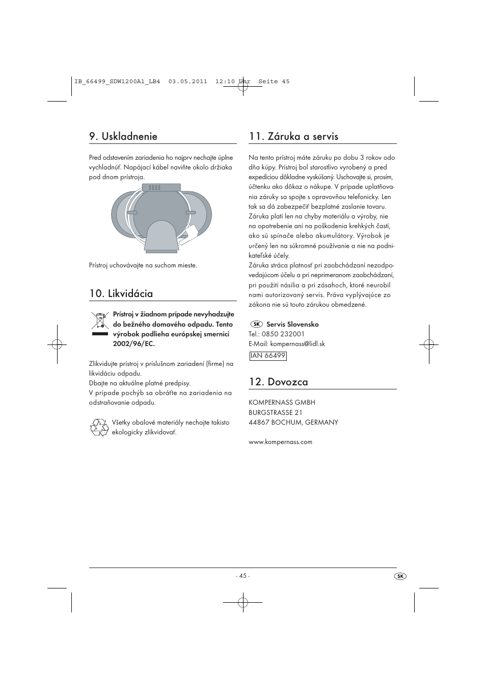 Uskladnenie, Likvidácia, Záruka a servis | Dovozca | Silvercrest SDW 1200 A1 User Manual | Page 47 / 58