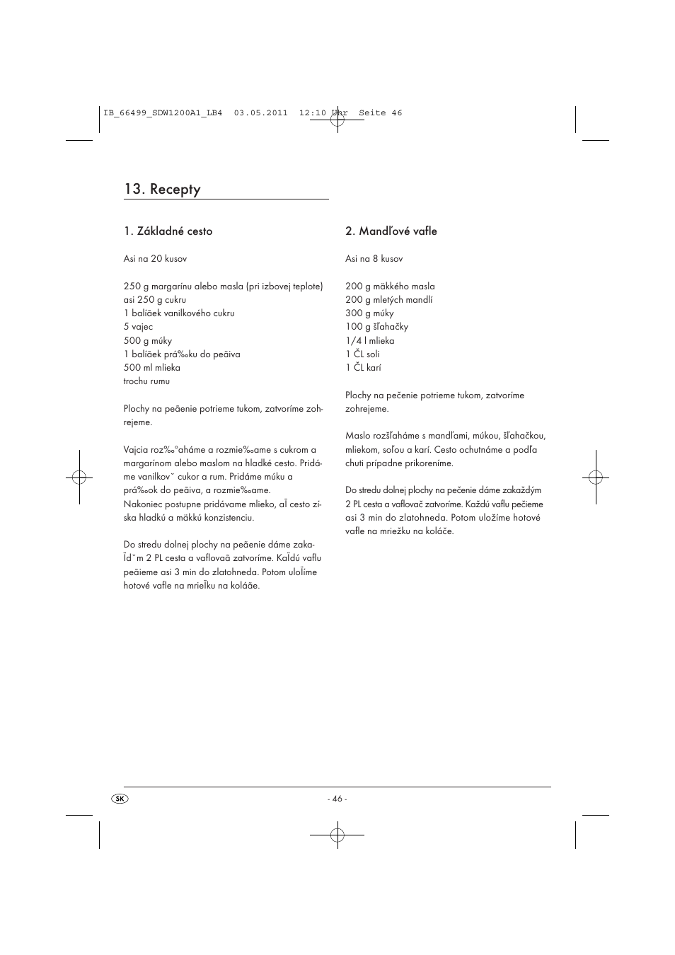 Recepty, Základné cesto, Mandľové vafle | Silvercrest SDW 1200 A1 User Manual | Page 48 / 58