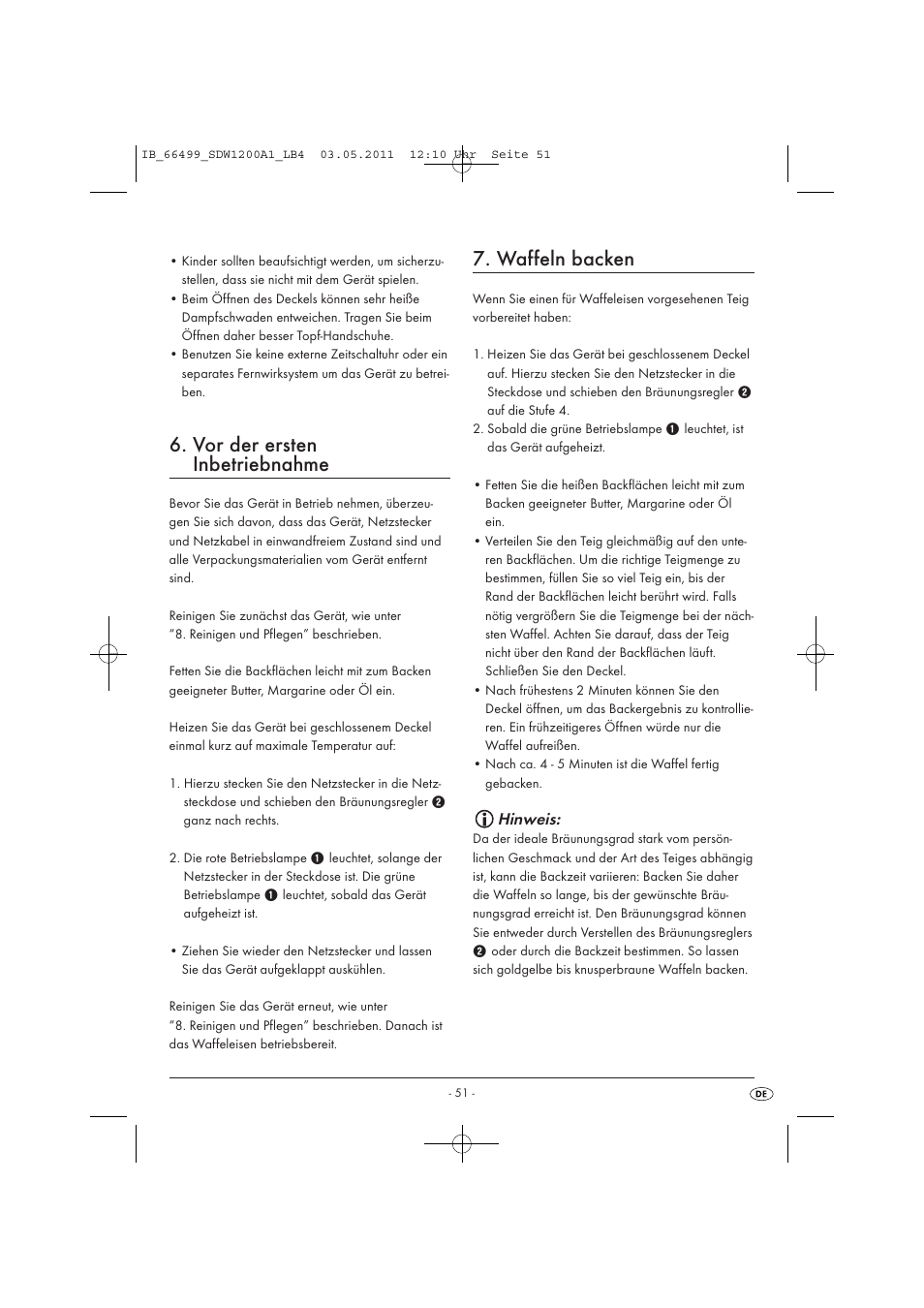 Vor der ersten inbetriebnahme, Waffeln backen, Hinweis | Silvercrest SDW 1200 A1 User Manual | Page 53 / 58