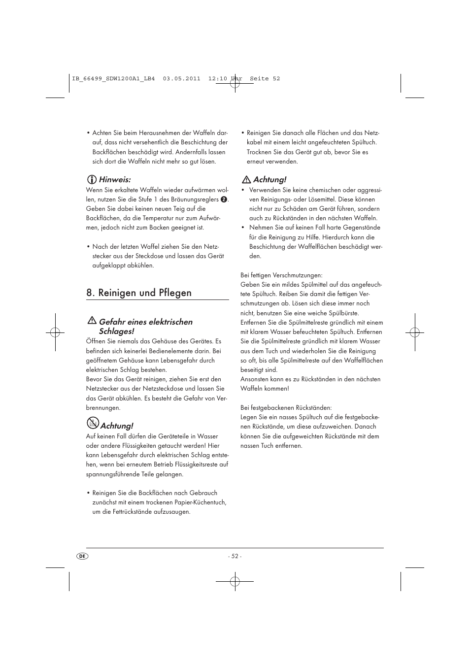Reinigen und pflegen, Hinweis, Gefahr eines elektrischen schlages | Achtung | Silvercrest SDW 1200 A1 User Manual | Page 54 / 58