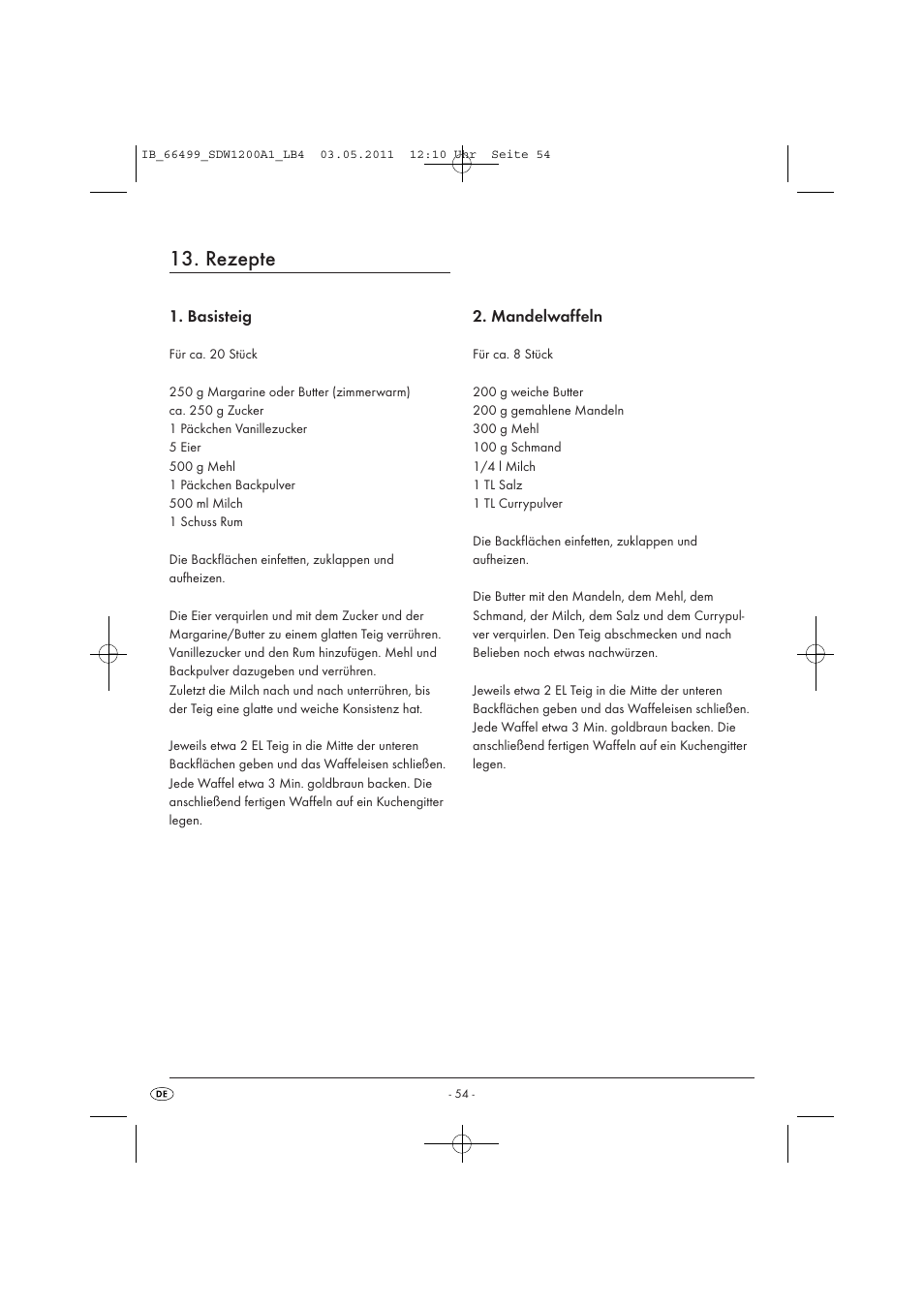 Rezepte, Basisteig, Mandelwaffeln | Silvercrest SDW 1200 A1 User Manual | Page 56 / 58