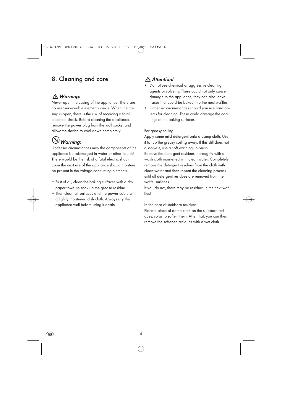 Cleaning and care, Warning, Attention | Silvercrest SDW 1200 A1 User Manual | Page 6 / 58