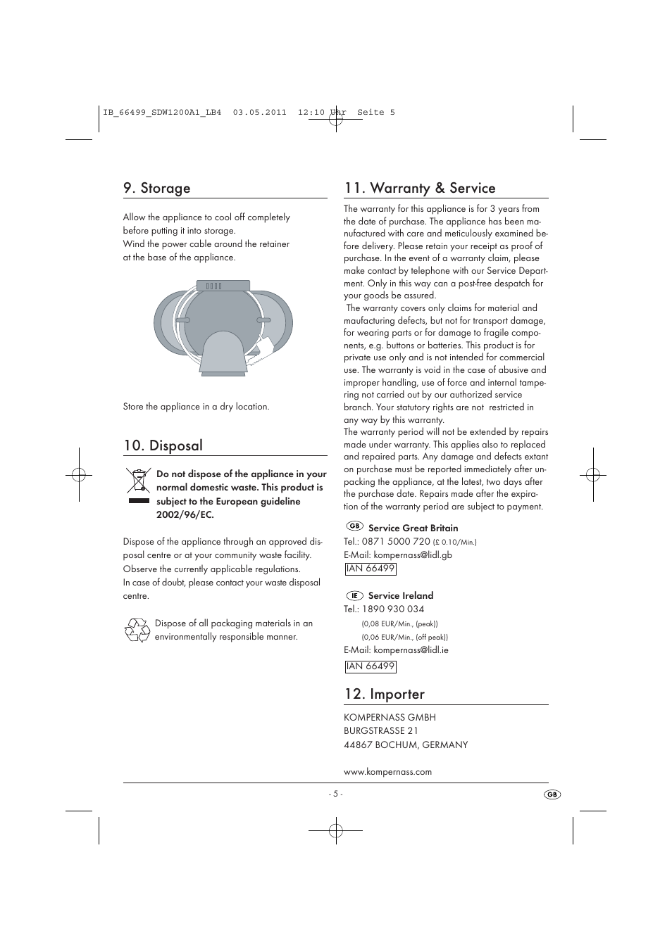 Storage, Disposal, Warranty & service | Importer | Silvercrest SDW 1200 A1 User Manual | Page 7 / 58