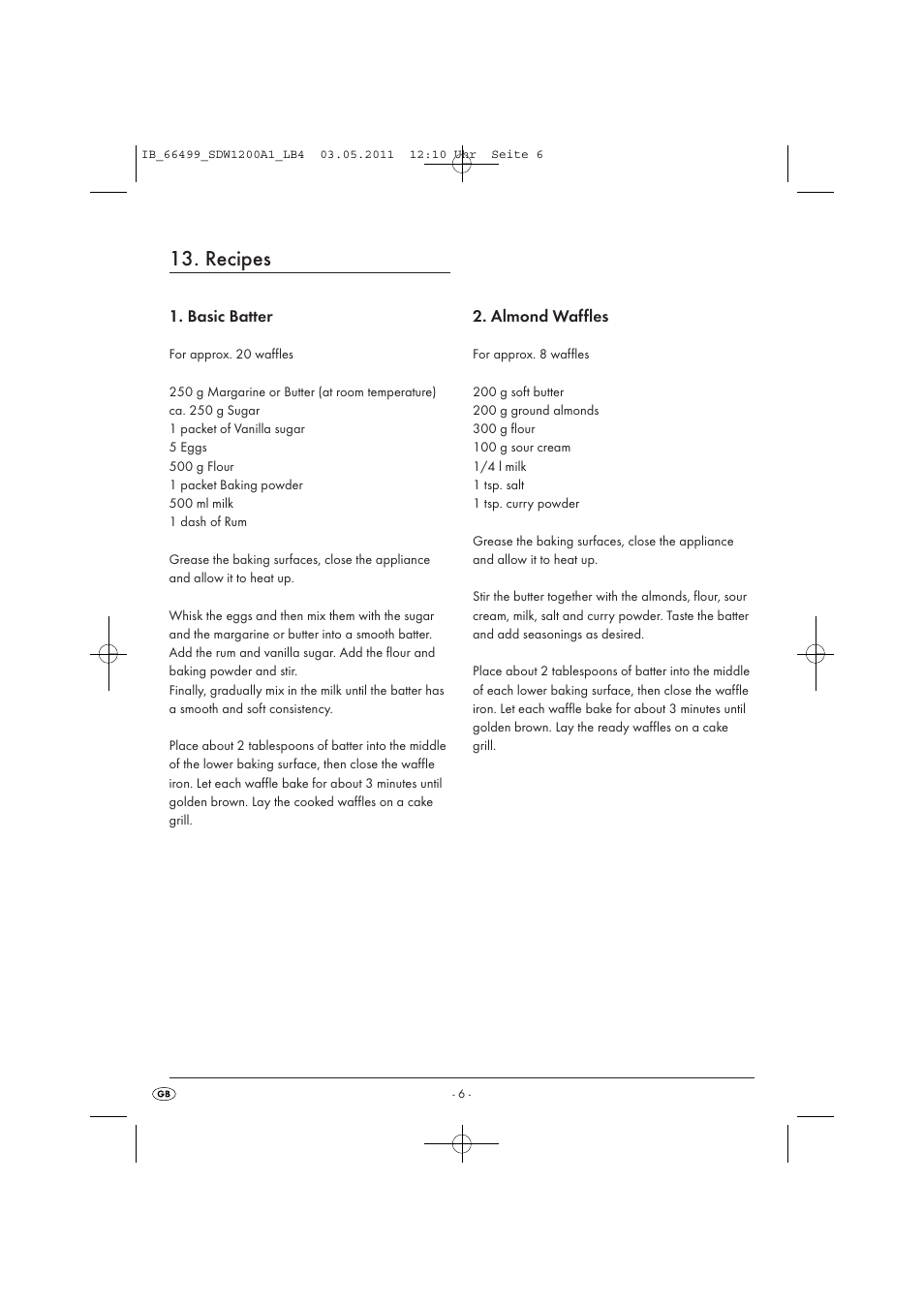 Recipes, Basic batter, Almond waffles | Silvercrest SDW 1200 A1 User Manual | Page 8 / 58