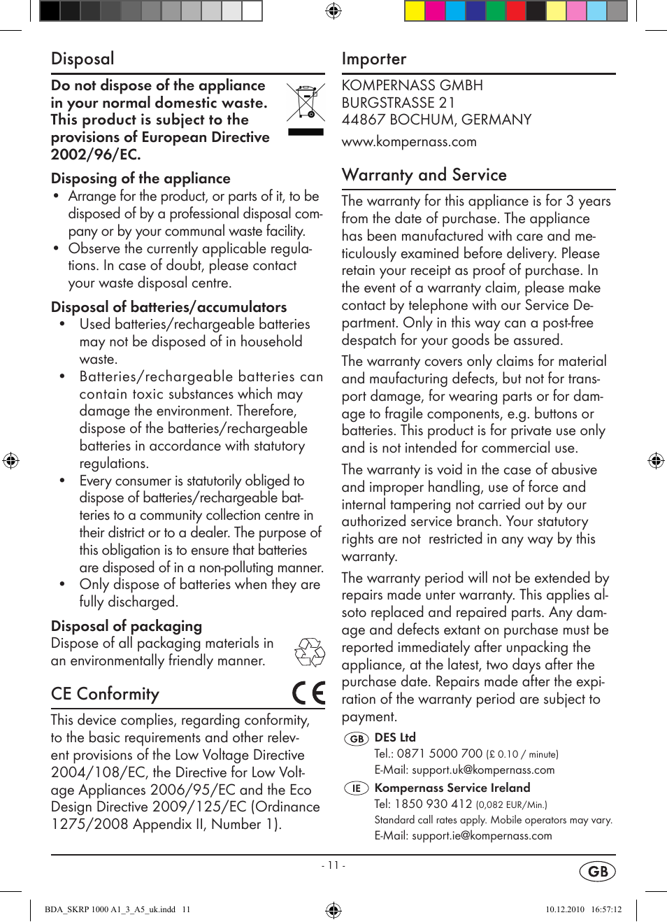 Disposal, Ce conformity, Importer | Warranty and service | Silvercrest SKRP 1000 A1 User Manual | Page 13 / 14