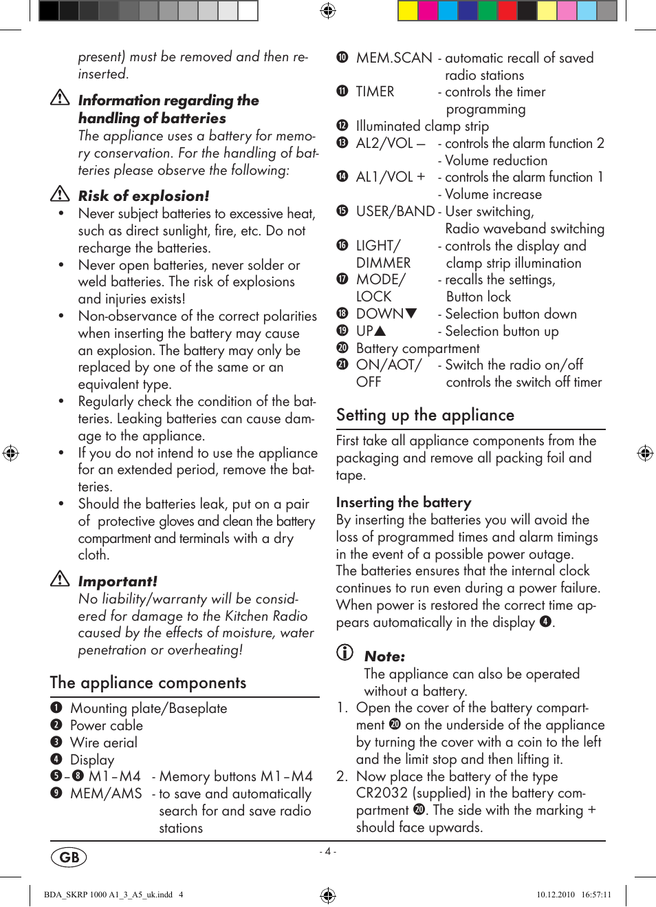 The appliance components, Setting up the appliance | Silvercrest SKRP 1000 A1 User Manual | Page 6 / 14