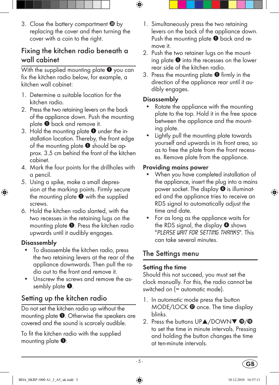 Fixing the kitchen radio beneath a wall cabinet, Setting up the kitchen radio, The settings menu | Silvercrest SKRP 1000 A1 User Manual | Page 7 / 14