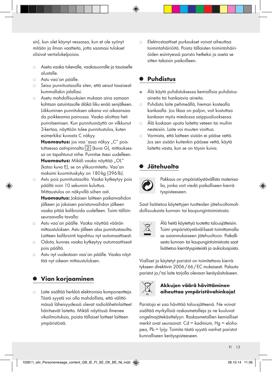 Vian korjaaminen, Puhdistus, Jätehuolto | Silvercrest 102611-14-01/102611-14-02 User Manual | Page 13 / 40