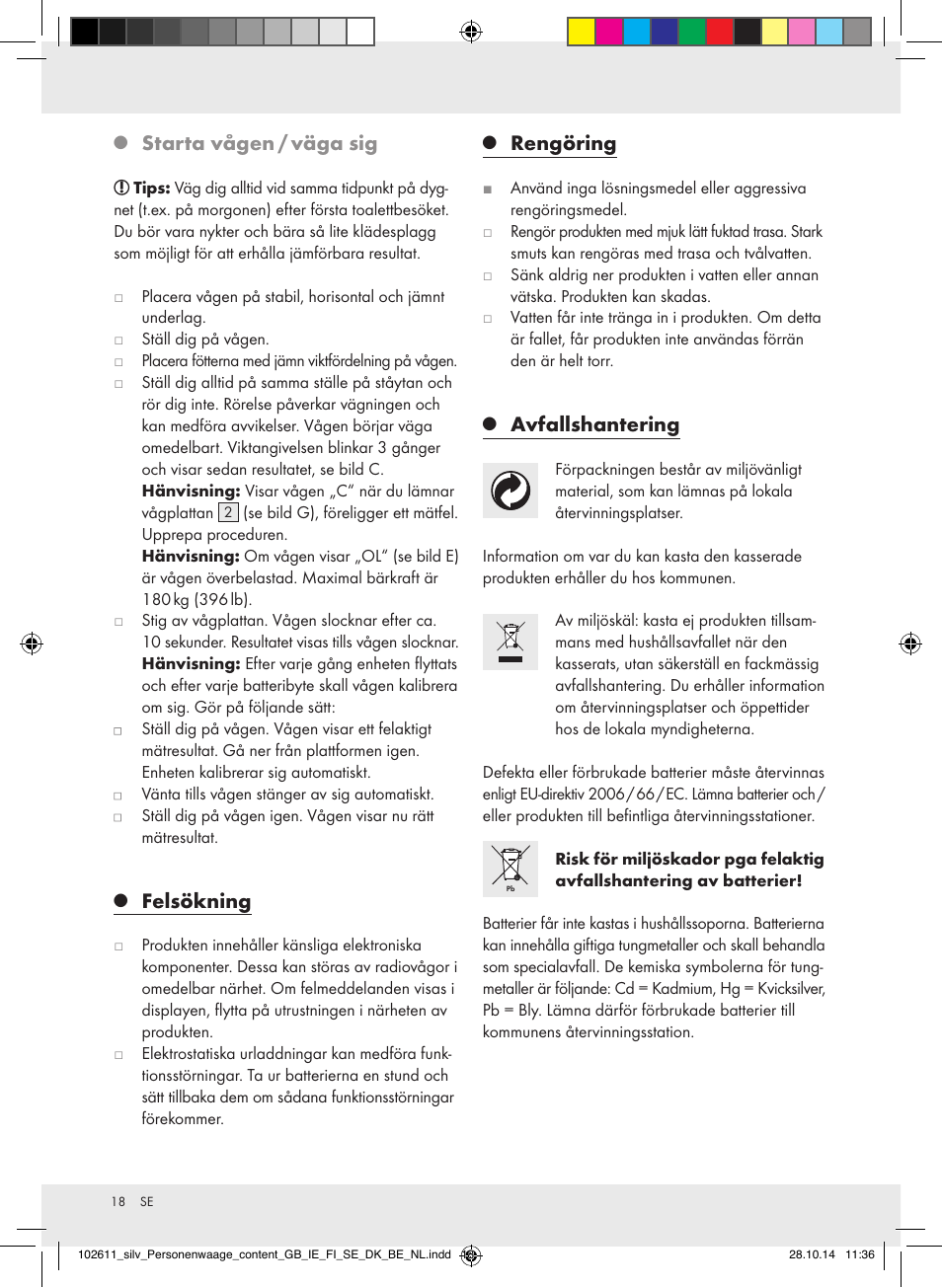 Starta vågen / väga sig, Felsökning, Rengöring | Avfallshantering | Silvercrest 102611-14-01/102611-14-02 User Manual | Page 18 / 40