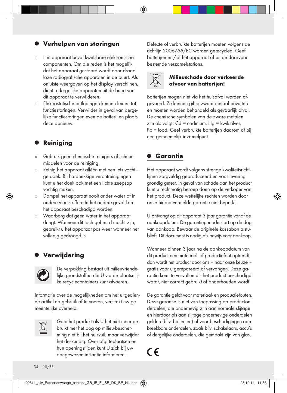 Verhelpen van storingen, Reiniging, Verwijdering | Garantie | Silvercrest 102611-14-01/102611-14-02 User Manual | Page 34 / 40