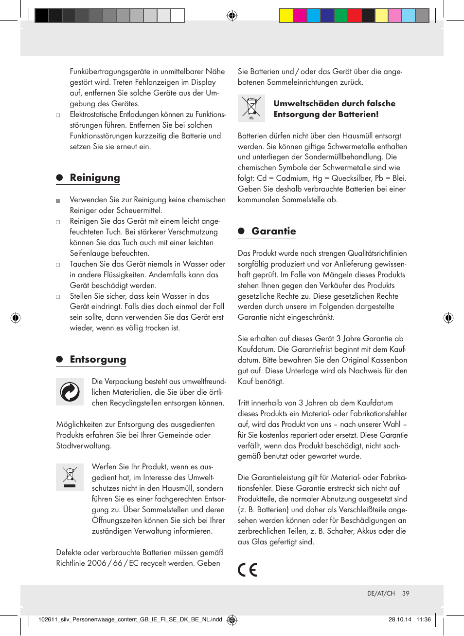 Reinigung, Entsorgung, Garantie | Silvercrest 102611-14-01/102611-14-02 User Manual | Page 39 / 40
