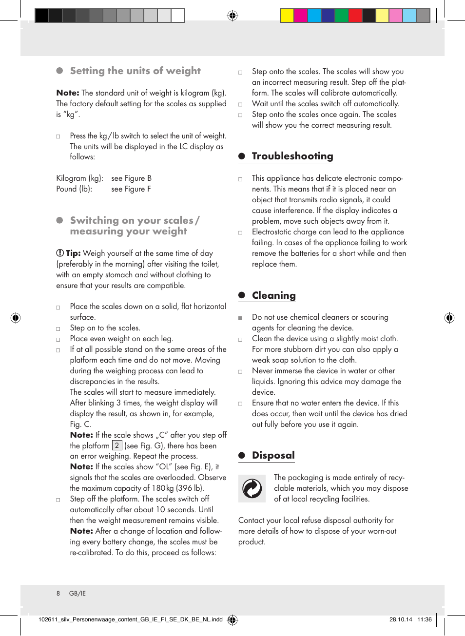 Setting the units of weight, Switching on your scales / measuring your weight, Troubleshooting | Cleaning, Disposal | Silvercrest 102611-14-01/102611-14-02 User Manual | Page 8 / 40