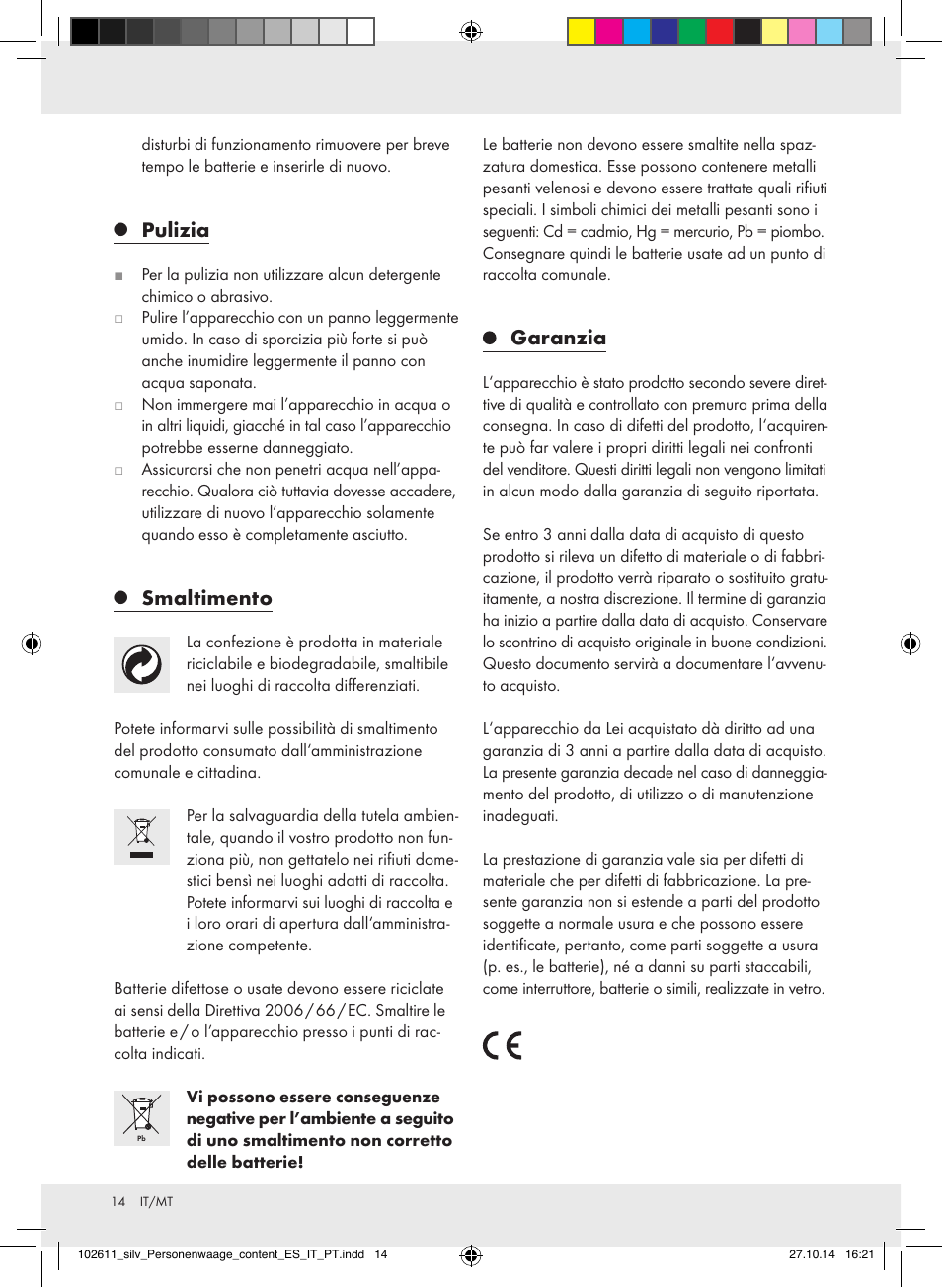 Pulizia, Smaltimento, Garanzia | Silvercrest 102611-14-01/102611-14-02 User Manual | Page 14 / 30