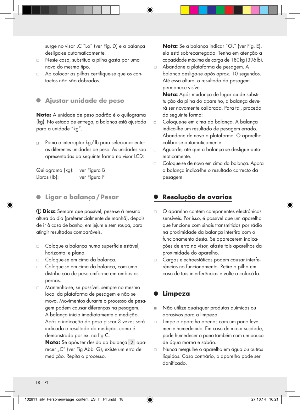 Ajustar unidade de peso, Ligar a balança / pesar, Resolução de avarias | Limpeza | Silvercrest 102611-14-01/102611-14-02 User Manual | Page 18 / 30