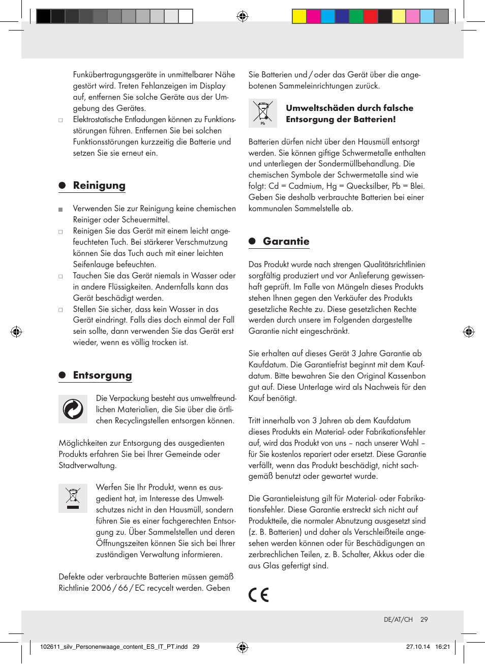Reinigung, Entsorgung, Garantie | Silvercrest 102611-14-01/102611-14-02 User Manual | Page 29 / 30