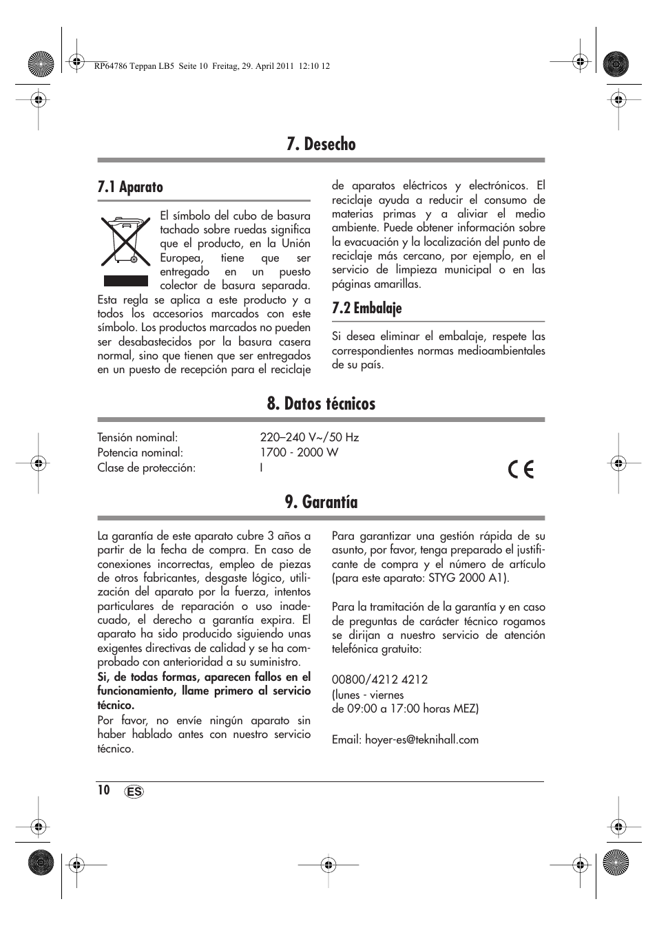 Desecho, Datos técnicos, Garantía | 1 aparato, 2 embalaje | Silvercrest STYG 2000 A1 User Manual | Page 12 / 46