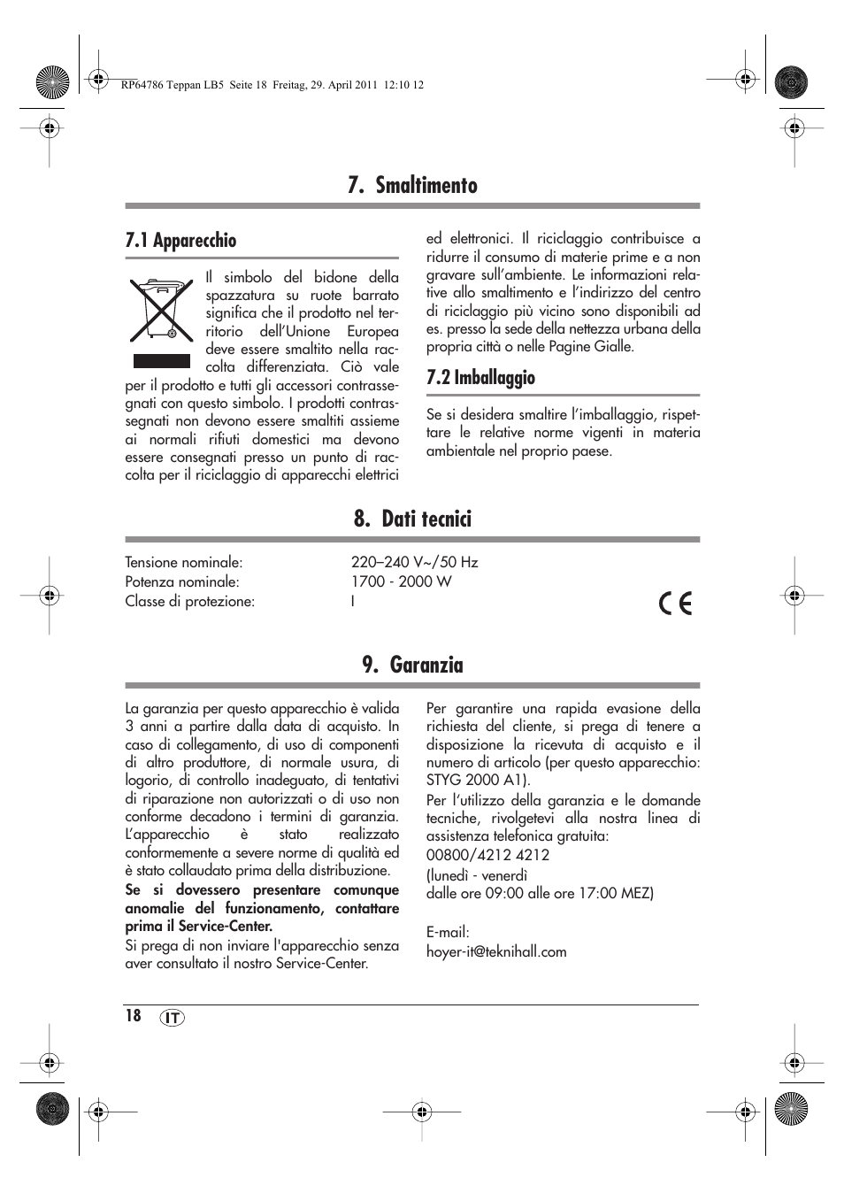 Smaltimento, Dati tecnici, Garanzia | 1 apparecchio, 2 imballaggio | Silvercrest STYG 2000 A1 User Manual | Page 20 / 46