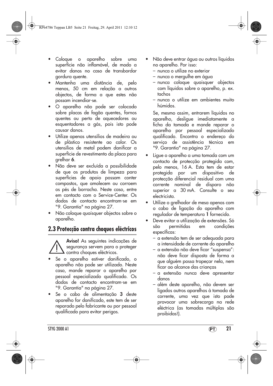 3 protecção contra choques eléctricos | Silvercrest STYG 2000 A1 User Manual | Page 23 / 46