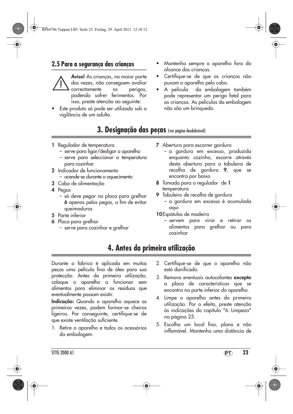 Designação das peças, Antes da primeira utilização, 5 para a segurança das crianças | Silvercrest STYG 2000 A1 User Manual | Page 25 / 46