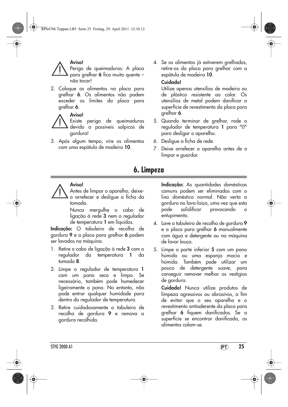 Limpeza | Silvercrest STYG 2000 A1 User Manual | Page 27 / 46