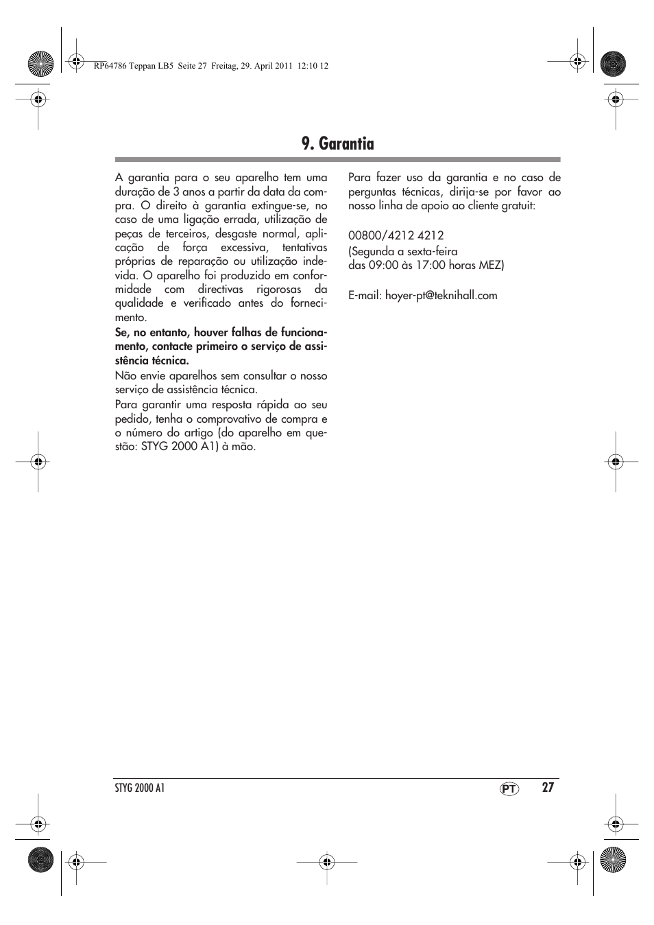 Garantia | Silvercrest STYG 2000 A1 User Manual | Page 29 / 46