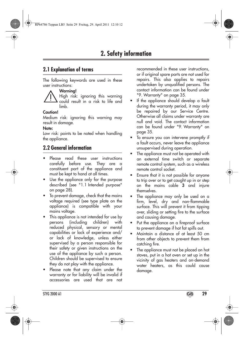 Safety information, 1 explanation of terms, 2 general information | Silvercrest STYG 2000 A1 User Manual | Page 31 / 46