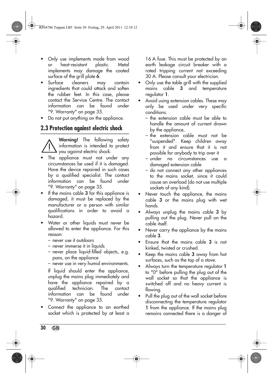 3 protection against electric shock | Silvercrest STYG 2000 A1 User Manual | Page 32 / 46